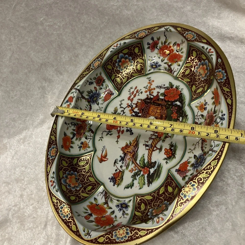 Daher Decorated Ware Tin Bowl Large Oval 13” Gold Floral Scenic 1971 England VTG